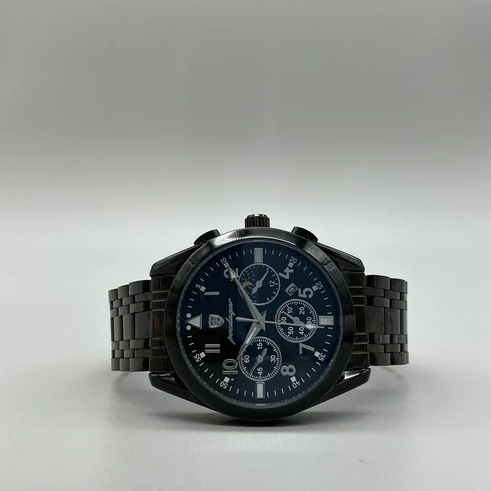 Poedagar Mens Watch 40mm Blue Dial Black Stainless Faux Chrono P318 7.75